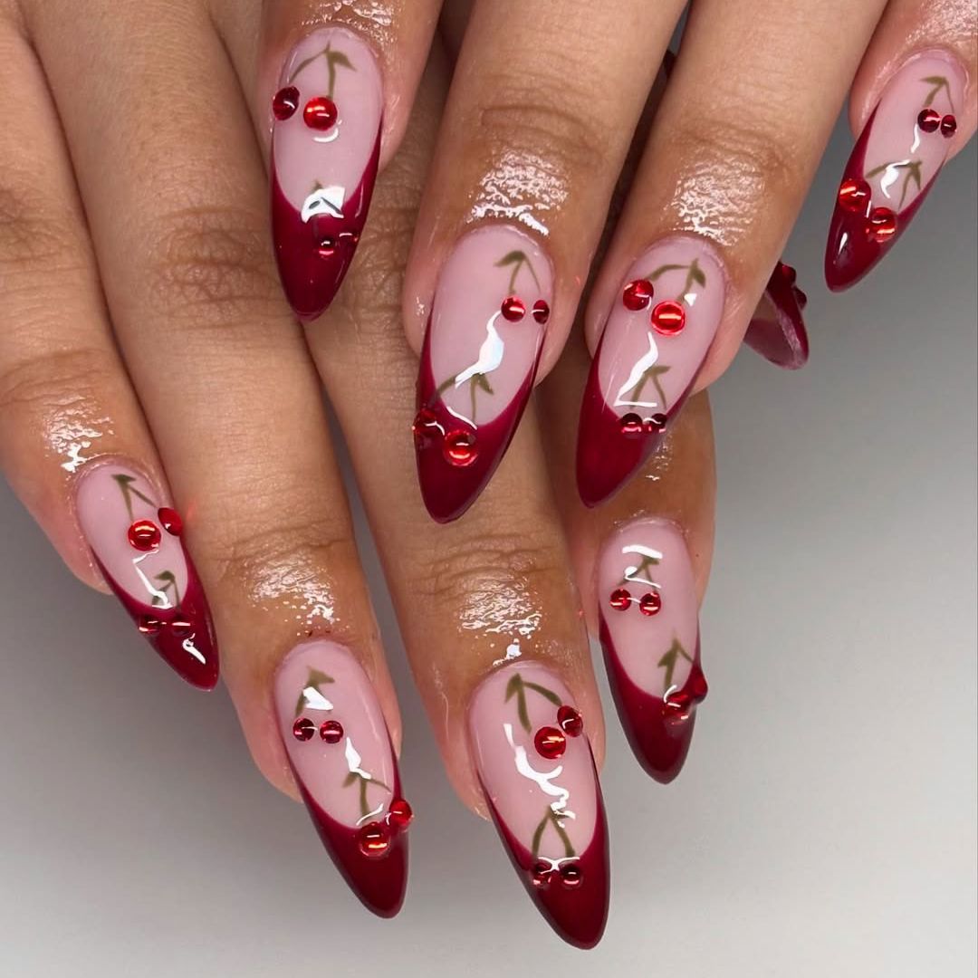 3D Cherry Embellishments on Almond Nails 3D Cherry Embellishments on Almond Nails — Cherry Red Nails