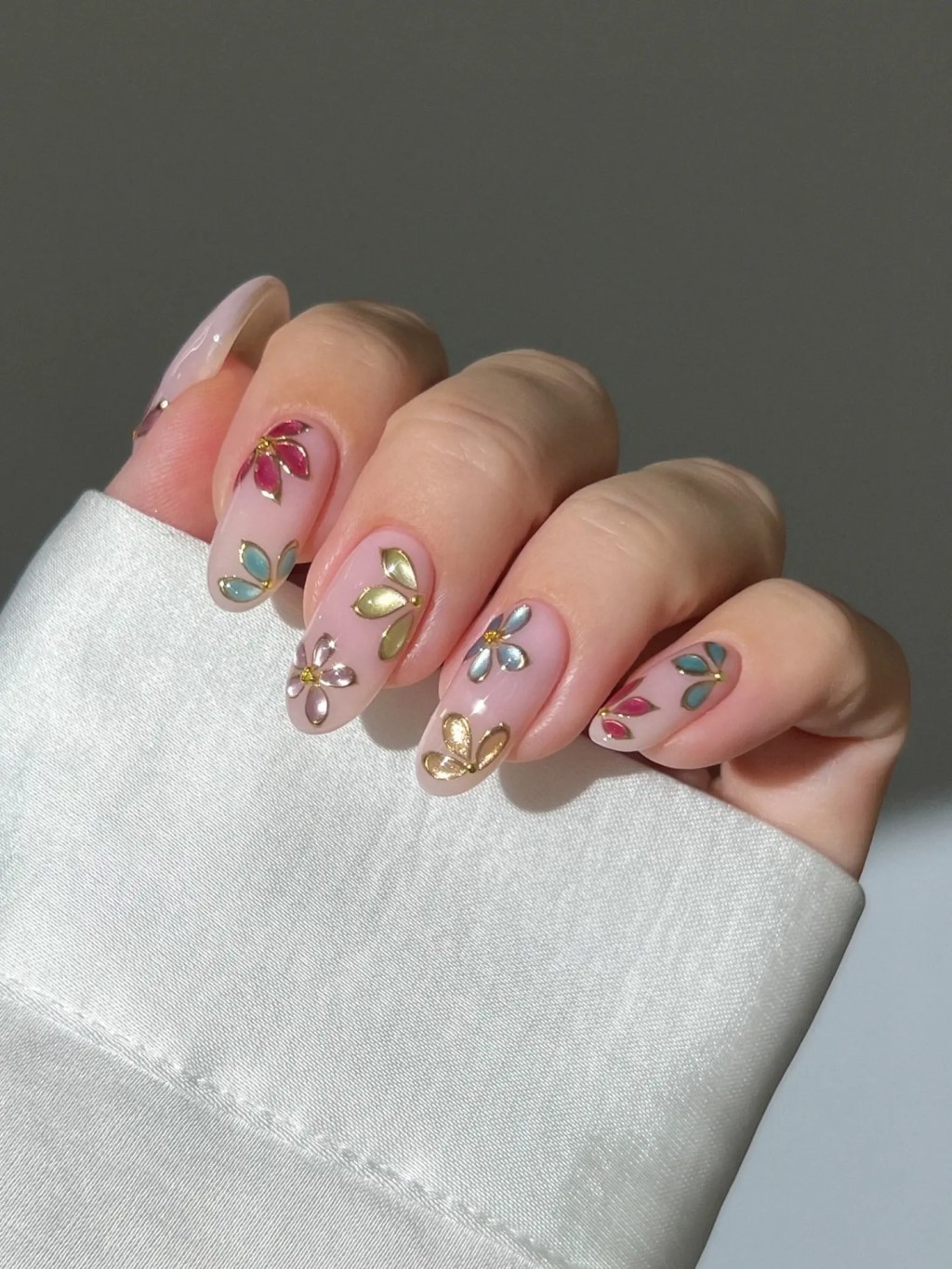 Delicate Floral Decal Almond Nails Delicate Floral Decal Almond Nails — Almond Nail Inspo