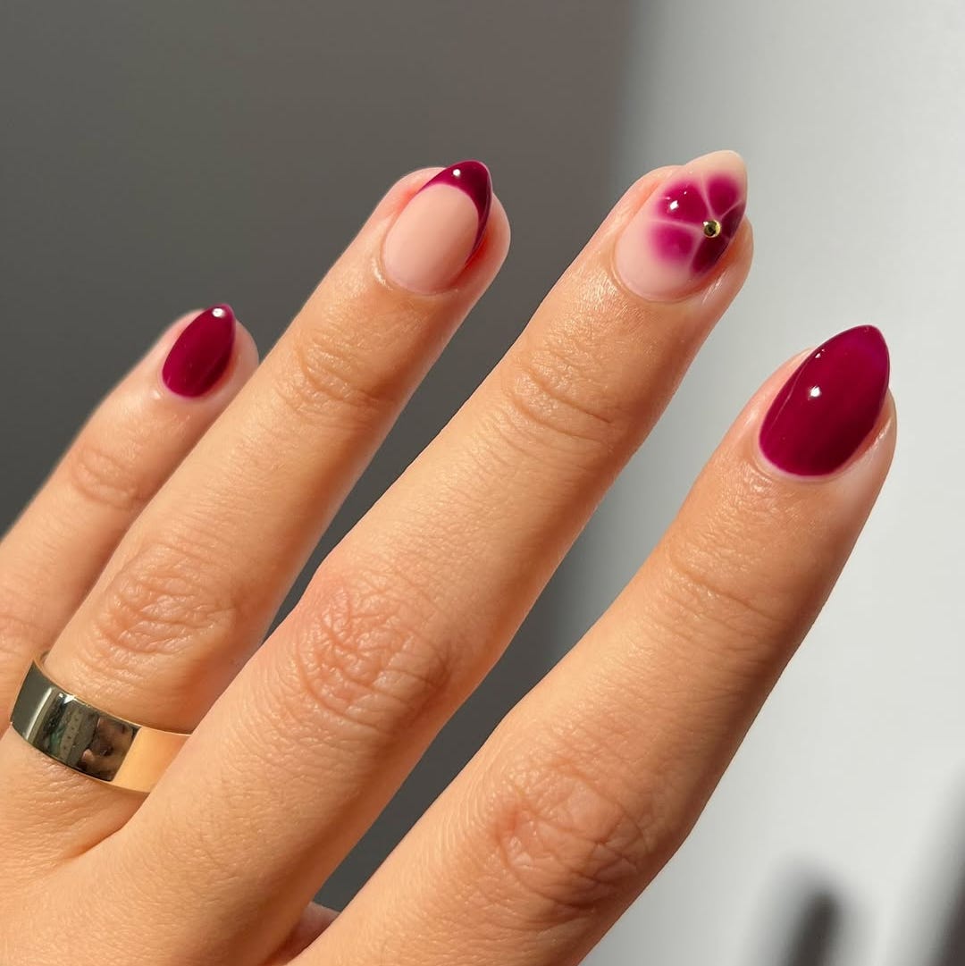 Deep Berry Red And Sheer Pink Visual Idea Deep Berry Red And Sheer Pink Visual Idea — Short Winter Almond Nails