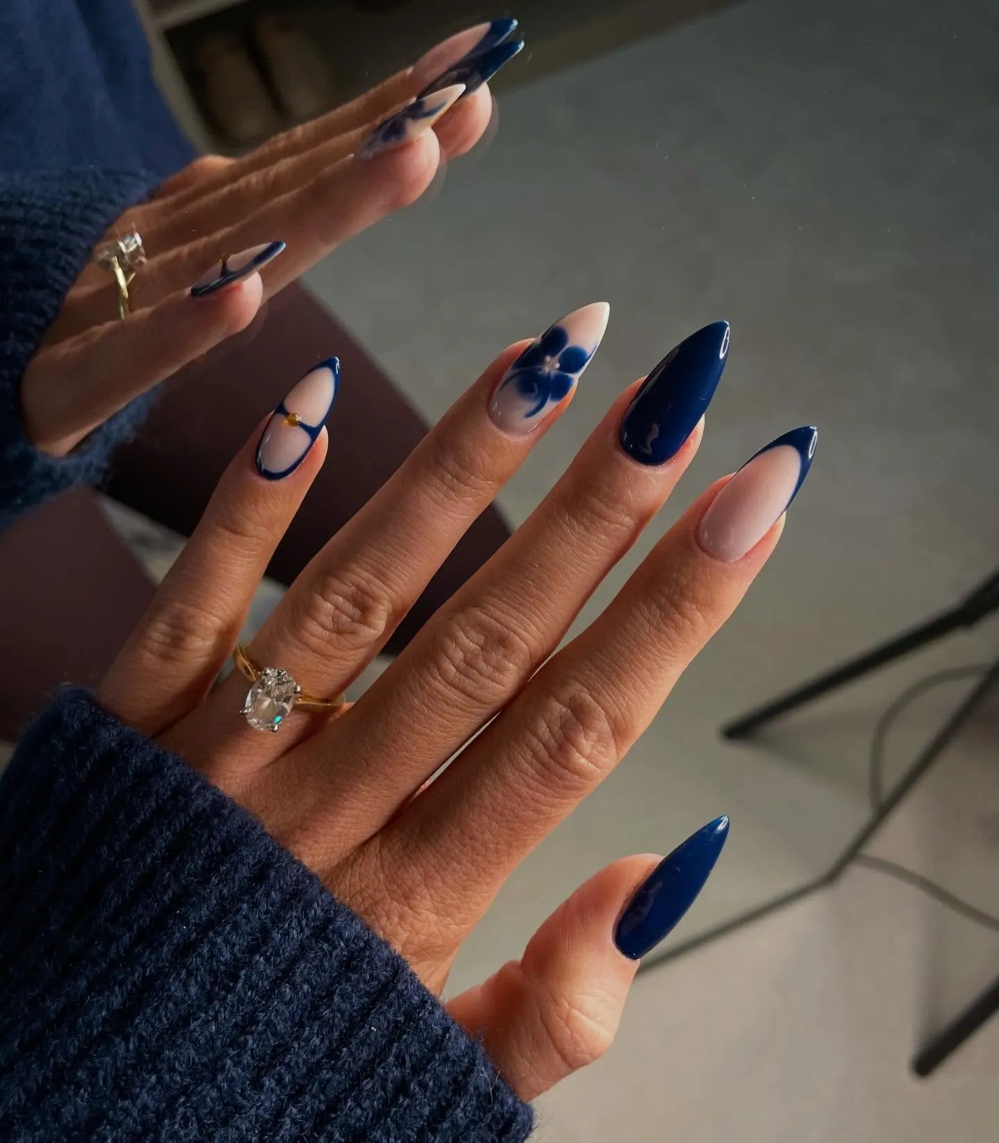 Long Almond Deep Blue Floral Accent — Blue Nail Inspo