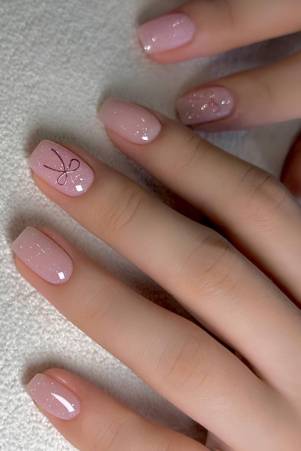 Shimmery Pink with Rose Gold Bow Glitter Shimmery Pink with Rose Gold Bow Glitter — Short Winter Nails