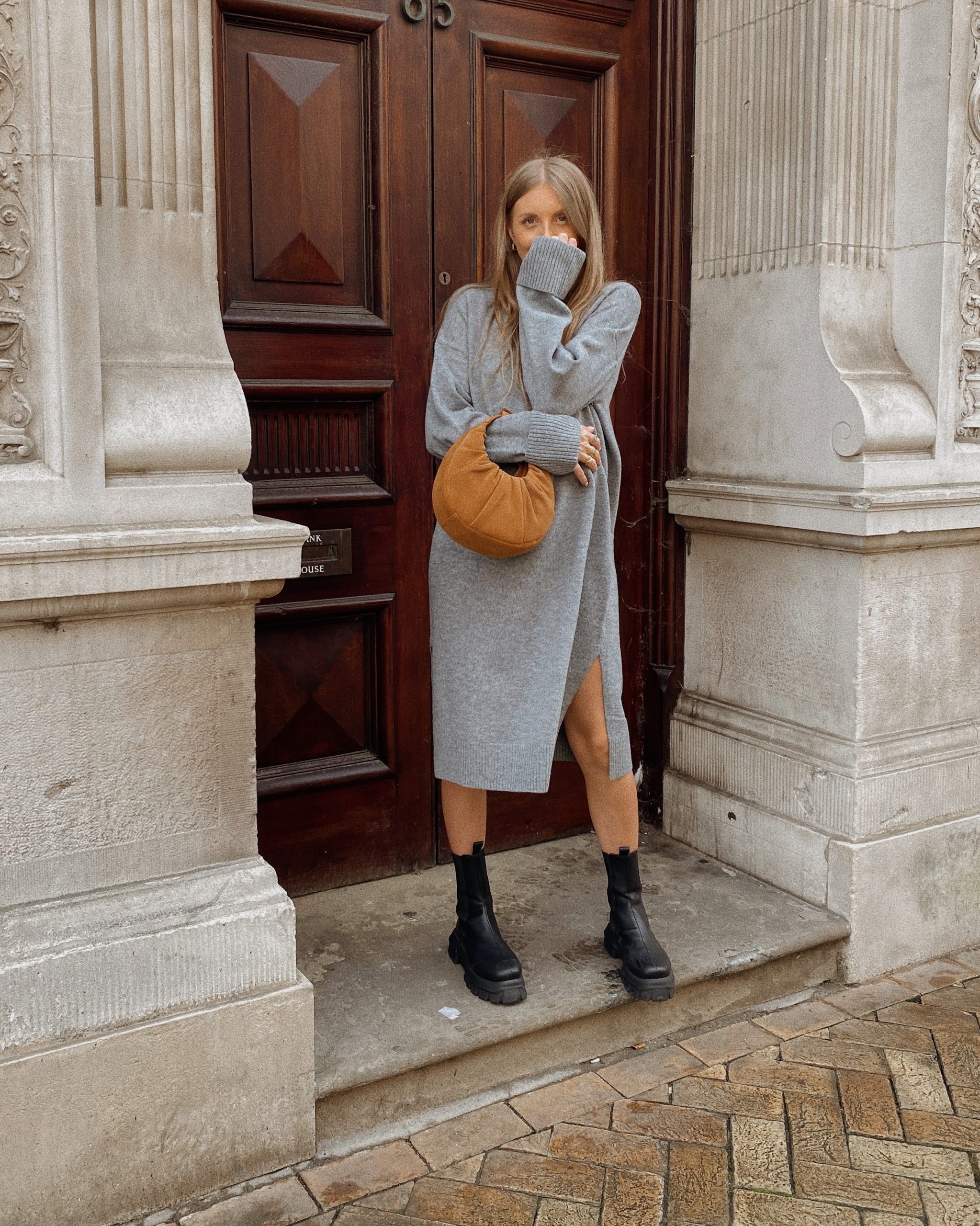Oversized Grey Knit Midi Dress with Chunky Boots for Casual Winter Wear December Outfits