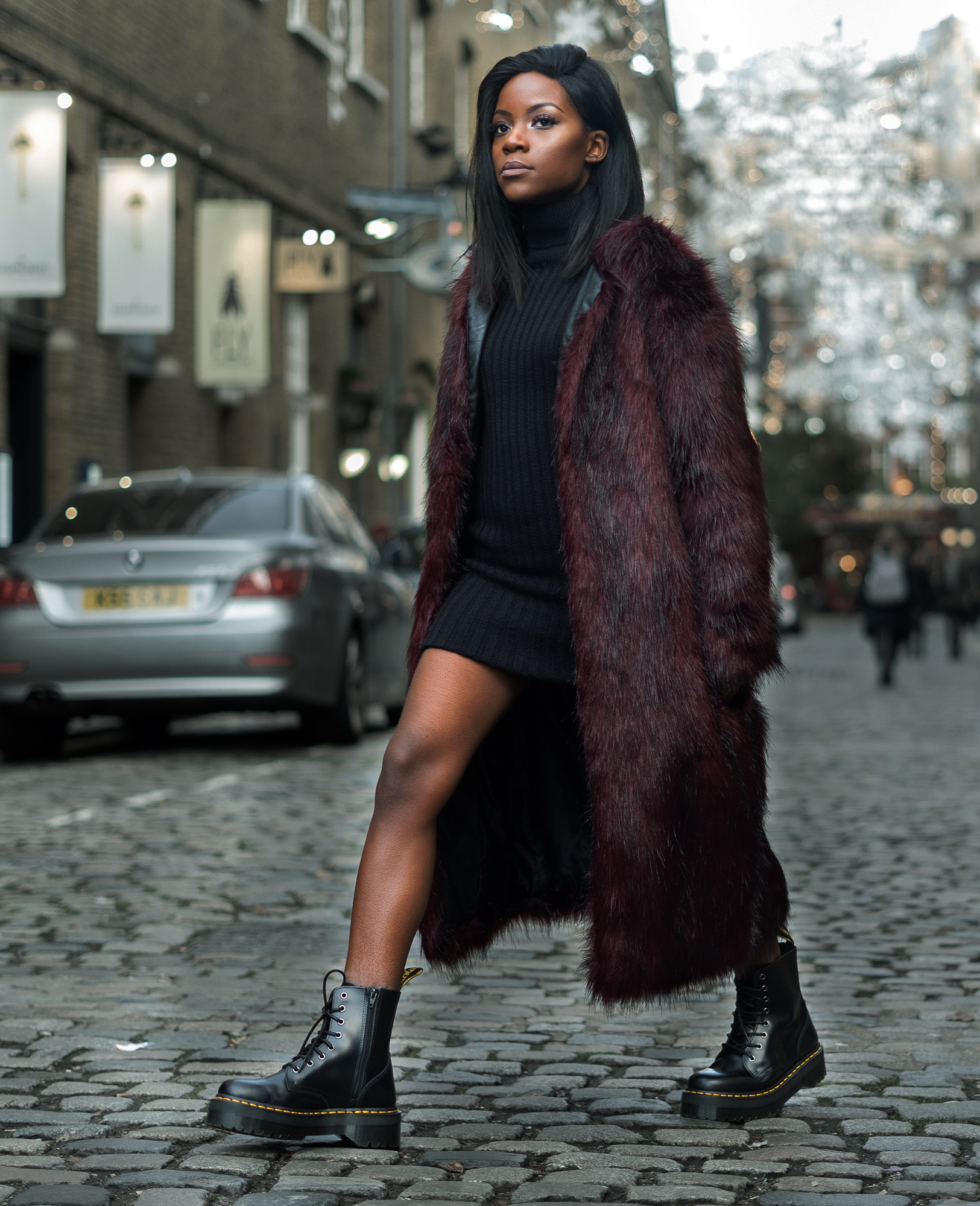 Long Burgundy Faux Fur Coat with Knit Mini Dress — Faux Fur Coat Outfits