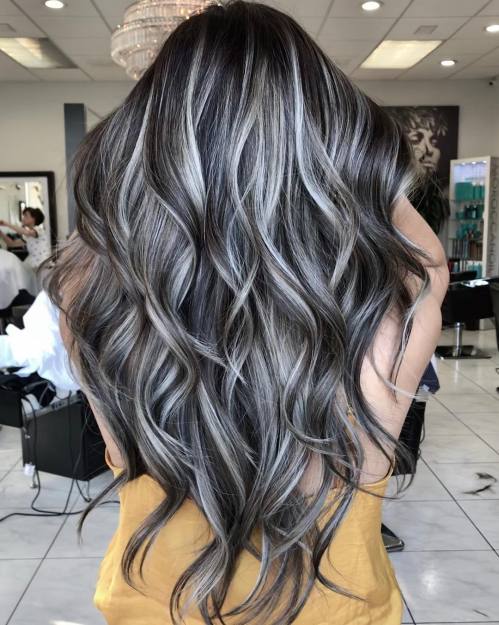 Dark Brown With Silver White Highlights Dark Brown With Silver White Highlights — Winter Hair Colors for Gray Hair