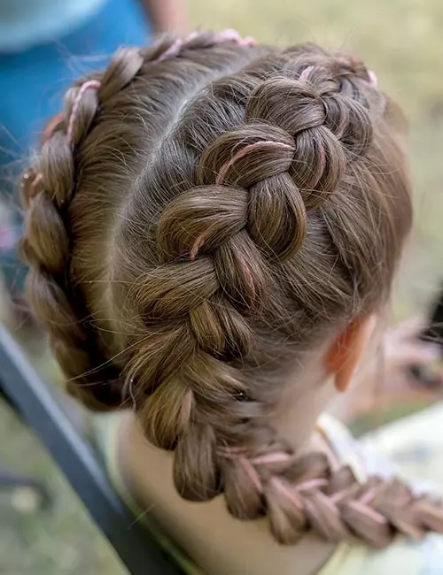 Double Braided Pigtails With Pink Double Braided Pigtails With Pink — Winter Hairstyles for Kids