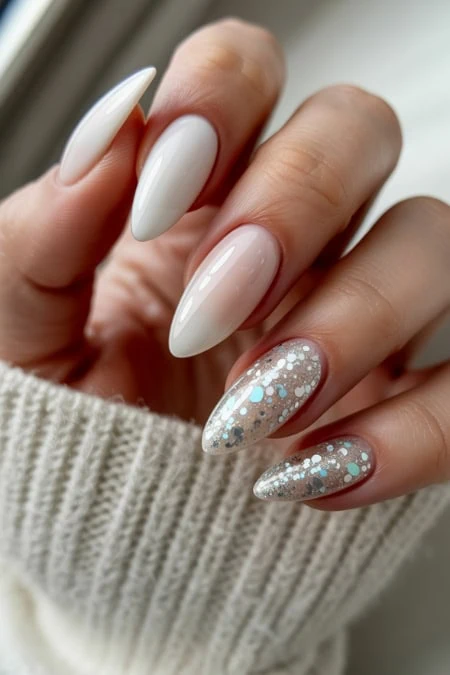 White Sheer Pink Silver Glitter Visual Idea — Winter Gel Nails