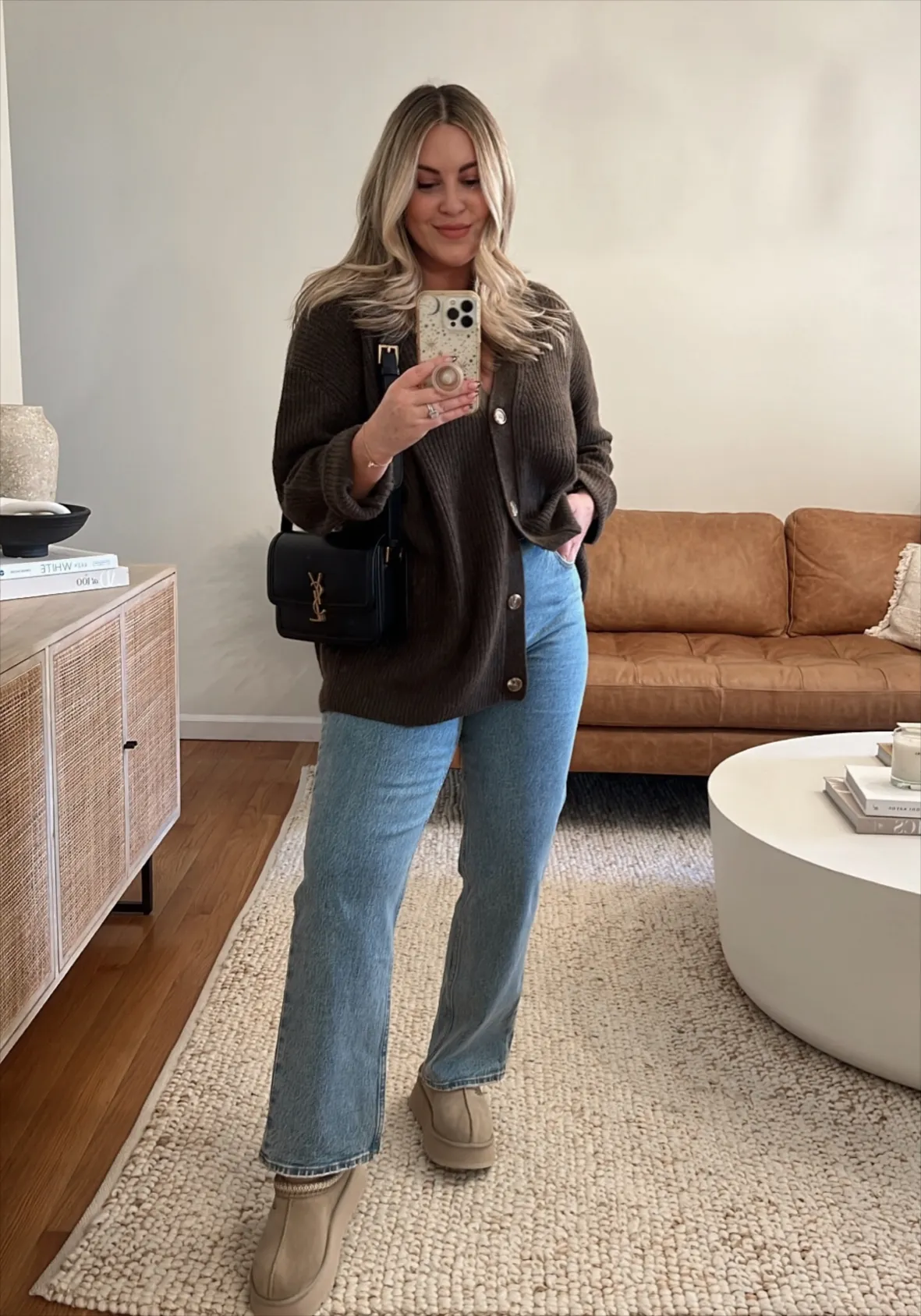 Tan Uggs with Straight-Leg Jeans and Knit Cardigan — Ugg Slippers Outfits