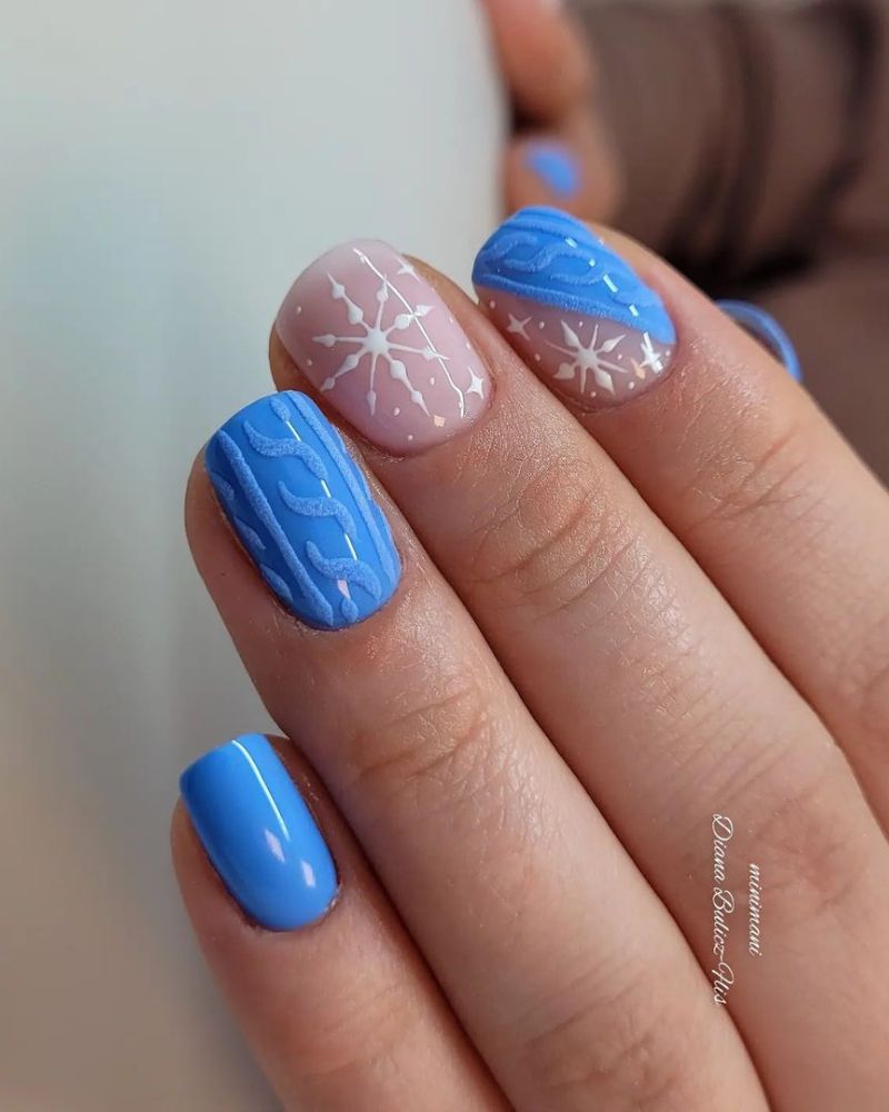 Bright Blue Cable Knit Textured Nails Bright Blue Cable Knit Textured Nails — Short Winter Acrylic Nails