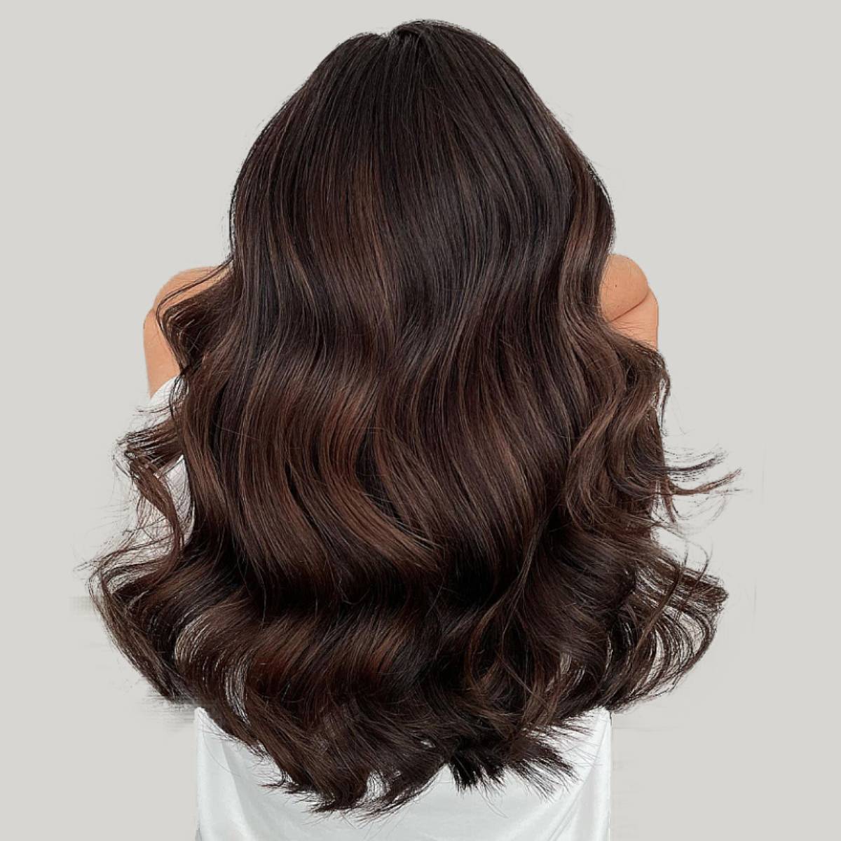 No Bangs Mid-Back Wavy With Dimension No Bangs Mid-Back Wavy With Dimension — Dark Chocolate Brown Hair