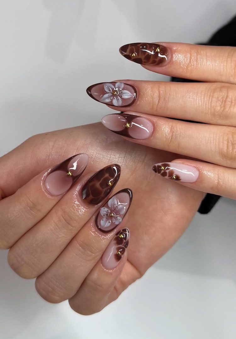 Tortoiseshell Floral Accent Almond Nails — Brown Nail Designs