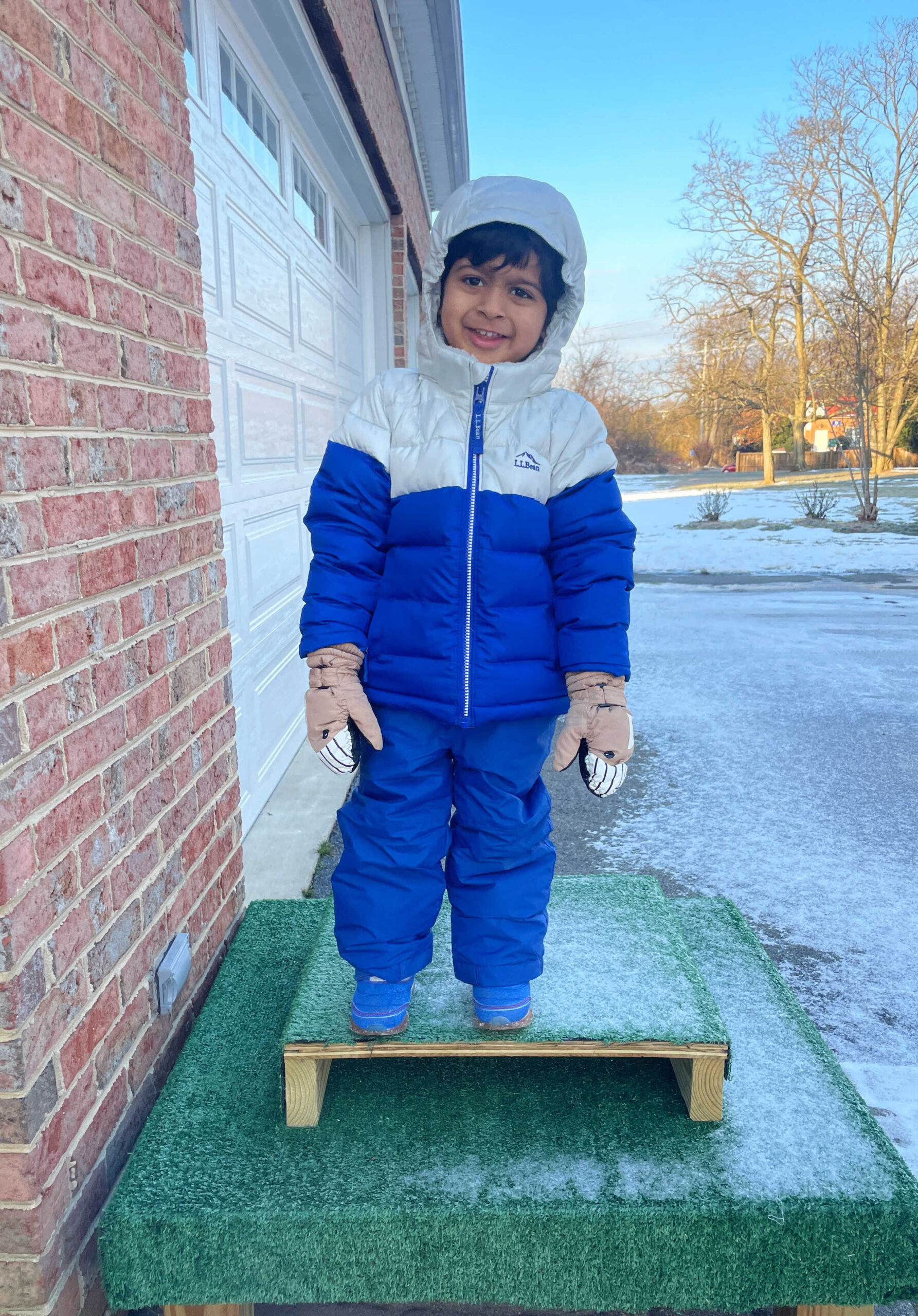 Blue and White Hooded Puffer Jacket with Matching Snow Pants — Winter Outfits for Kids