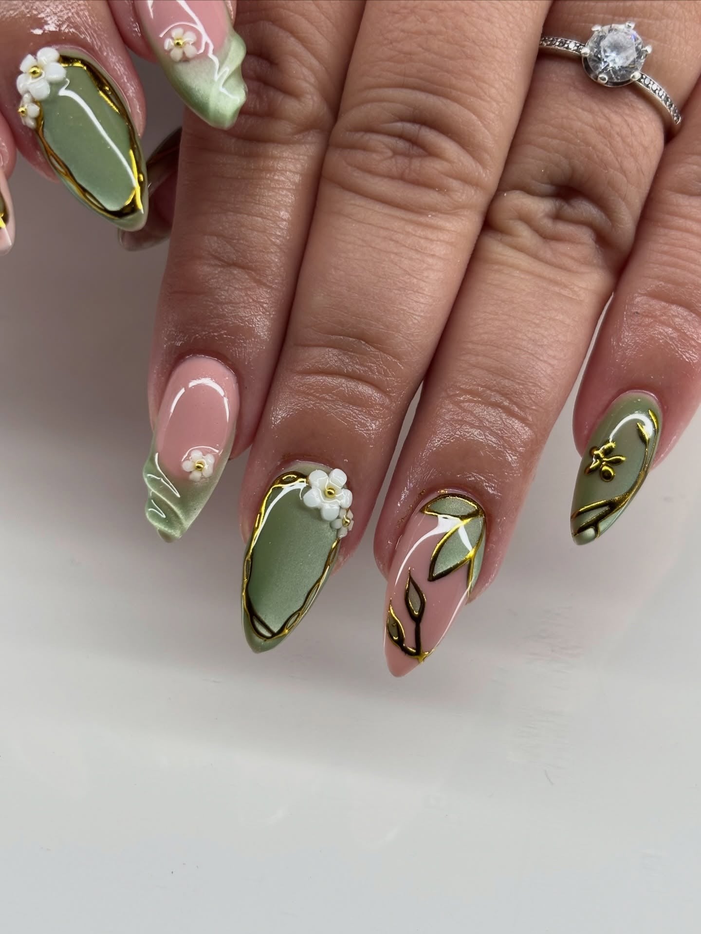 Sage Green with 3D Floral Embellishments Sage Green with 3D Floral Embellishments — Green Nail Designs