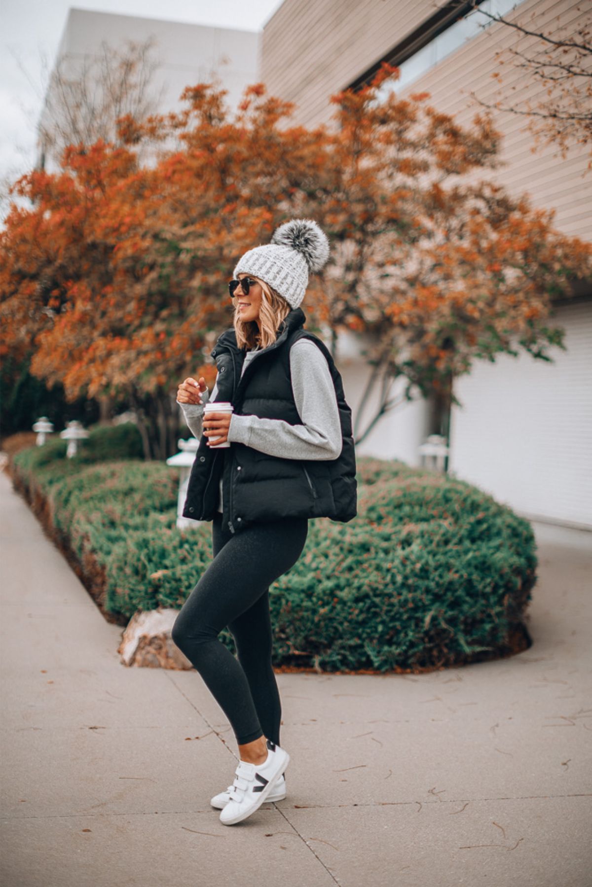 Grey Hoodie Black Puffer Vest Outfit Idea — Winter Outfits with Leggings