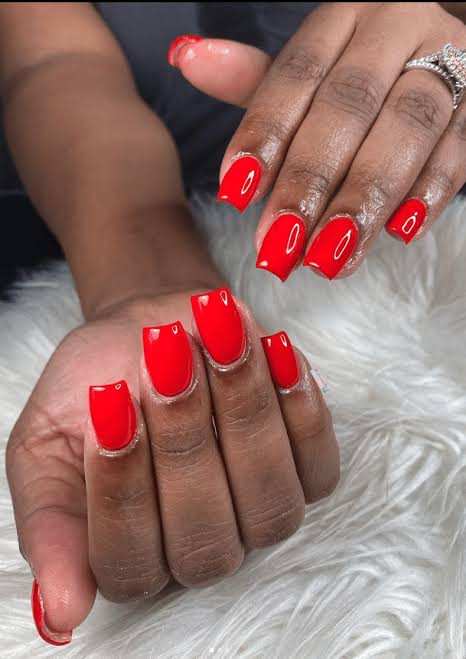 Bright True Red Glossy Medium Squoval Nails Bright True Red Glossy Medium Squoval Nails — Winter Nail Colors for Dark Skin