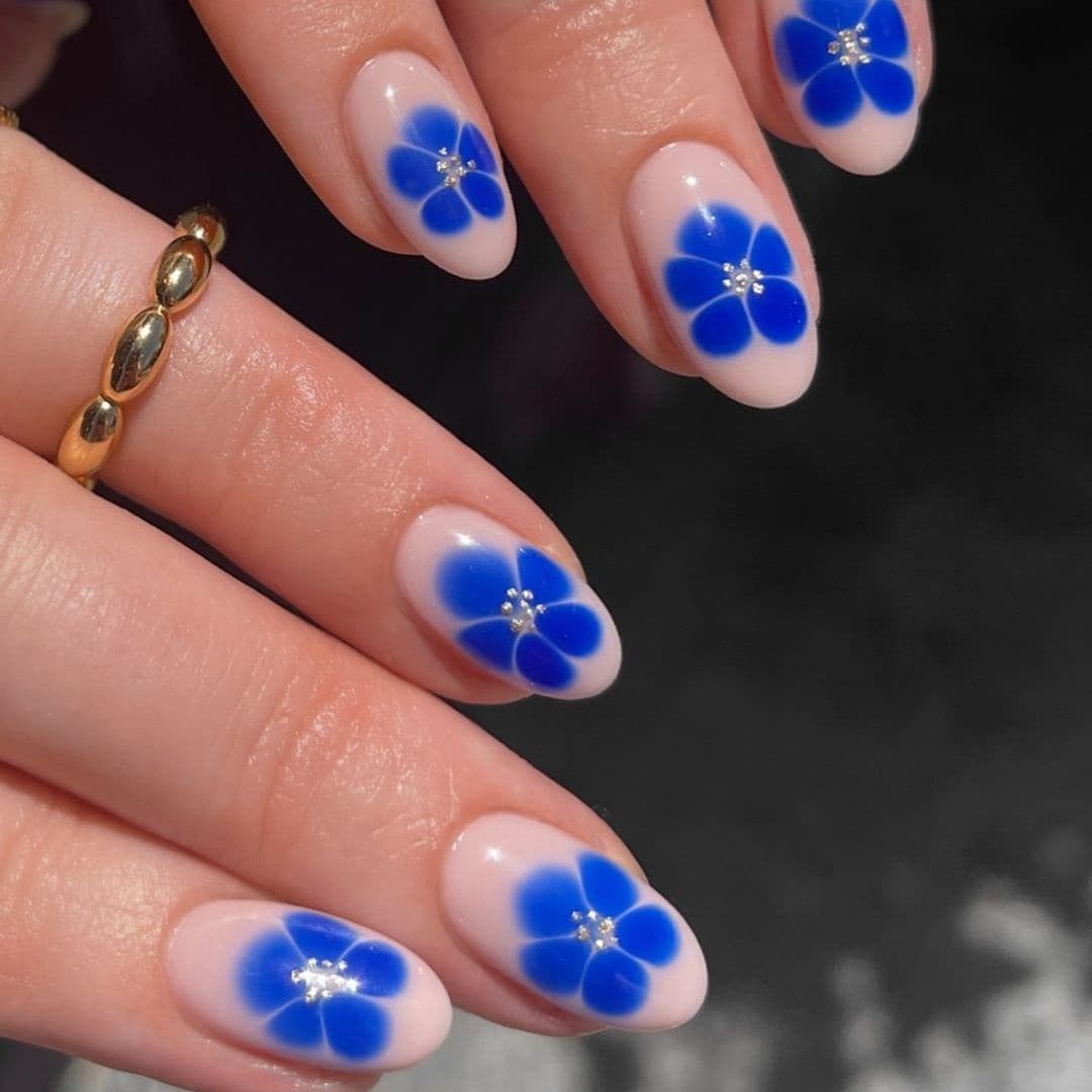 Sheer Nude Blue Floral Rhinestone Almond Nails Sheer Nude Blue Floral Rhinestone Almond Nails — Almond Nail Designs