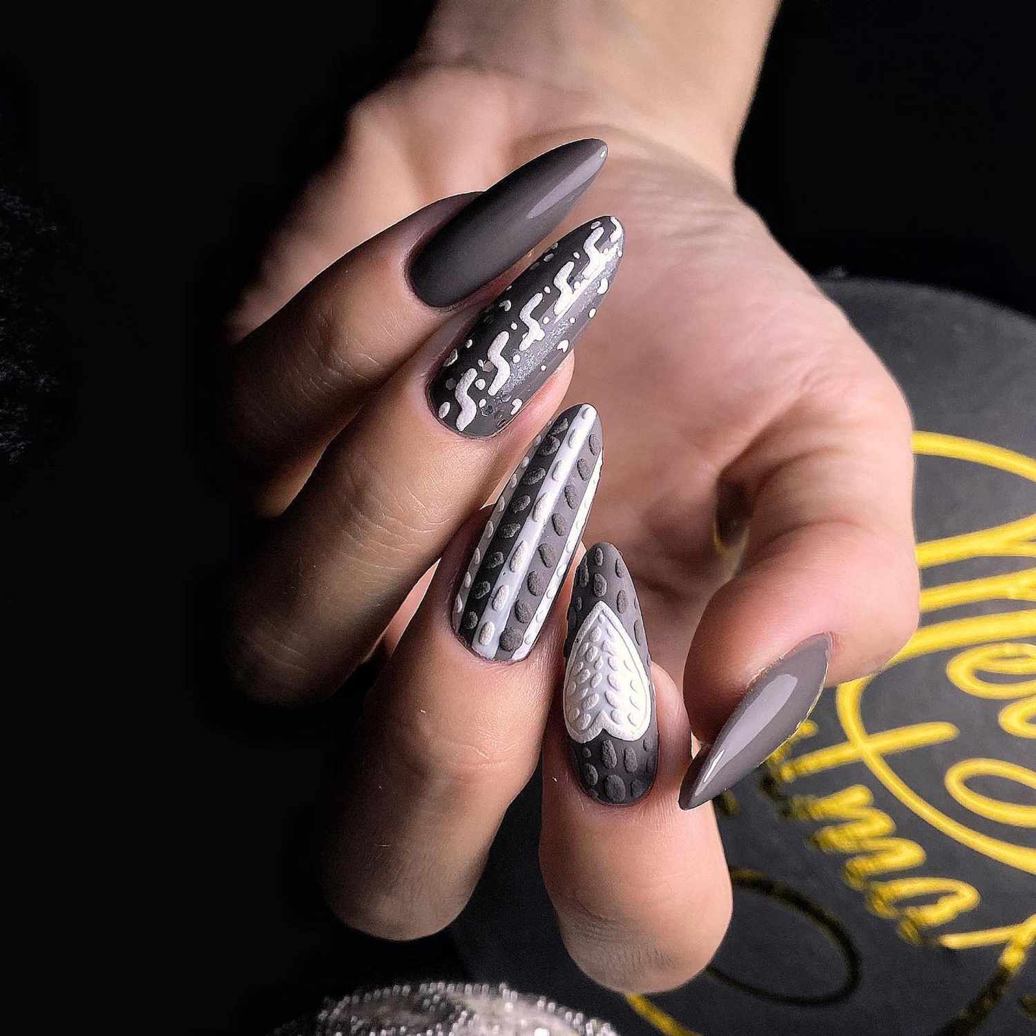 Dark Grey Textured Heart Stilettos — Sweater Nails