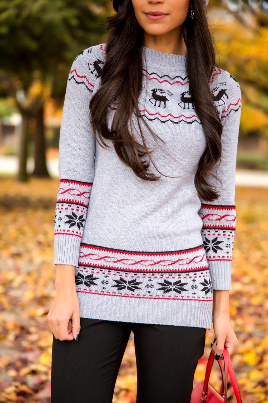 Fair Isle Sweater with Reindeer Motif and Black Trousers Fair Isle Sweater with Reindeer Motif and Black Trousers — Fair Isle Sweater Outfits