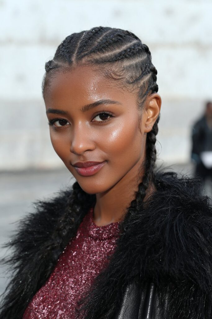 Slick Black Cornrows to Shoulders Slick Black Cornrows to Shoulders — Winter Knotless Braids
