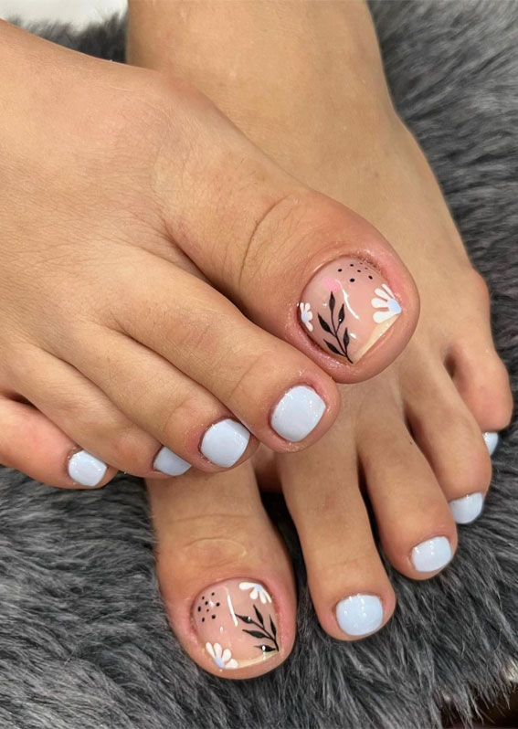 Light Blue Floral Accent Toes — Winter Toe Nails