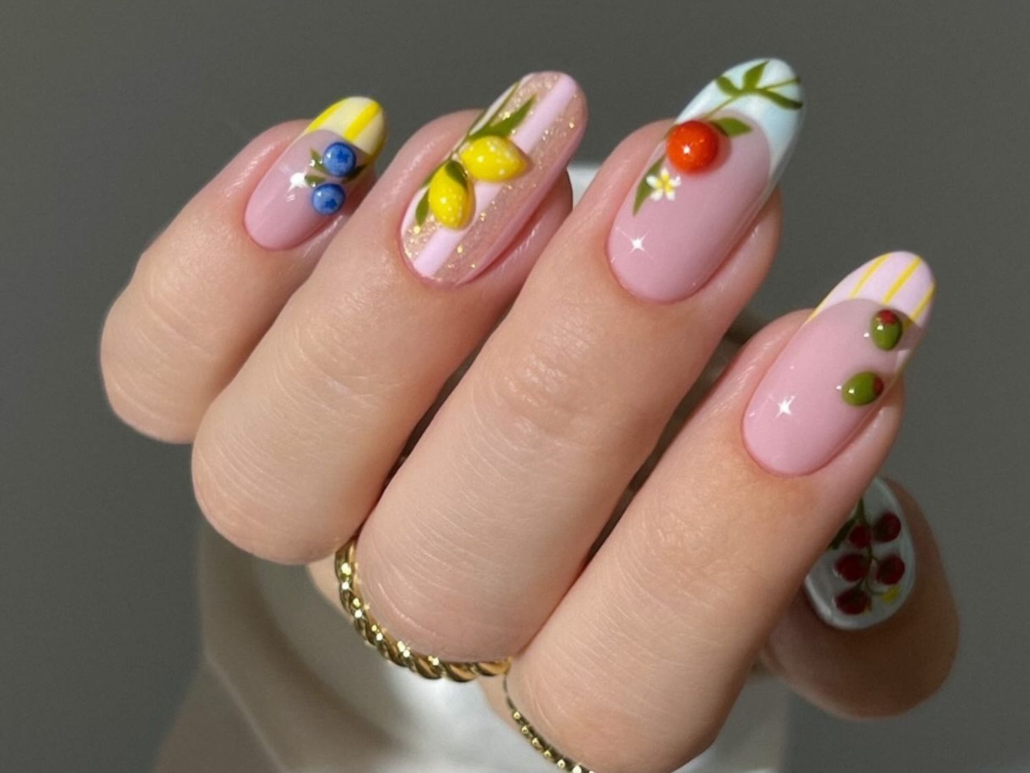 Glossy Medium Oval Sheer Pink with 3D Fruit Charms — Cute Nail Designs