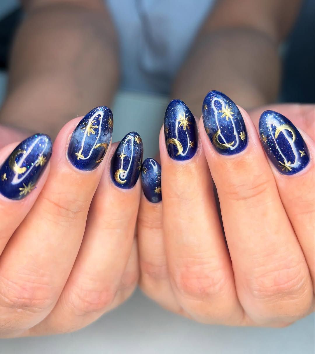 Medium Oval Galaxy Gold Moon Stars — Blue Nail Inspo