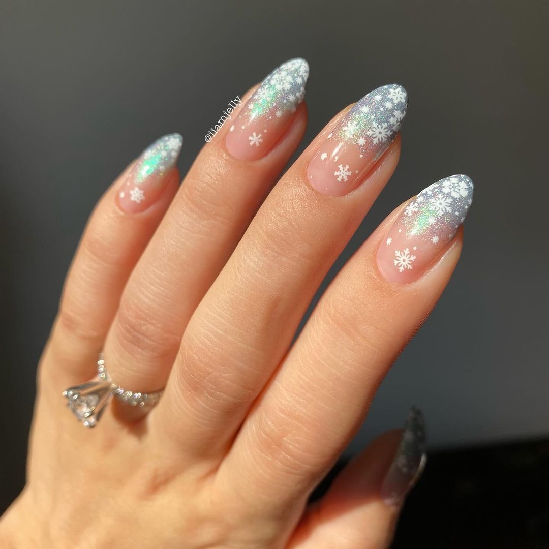 Glitter Gradient Snowflake Almond Nails — Winter Wedding Nails