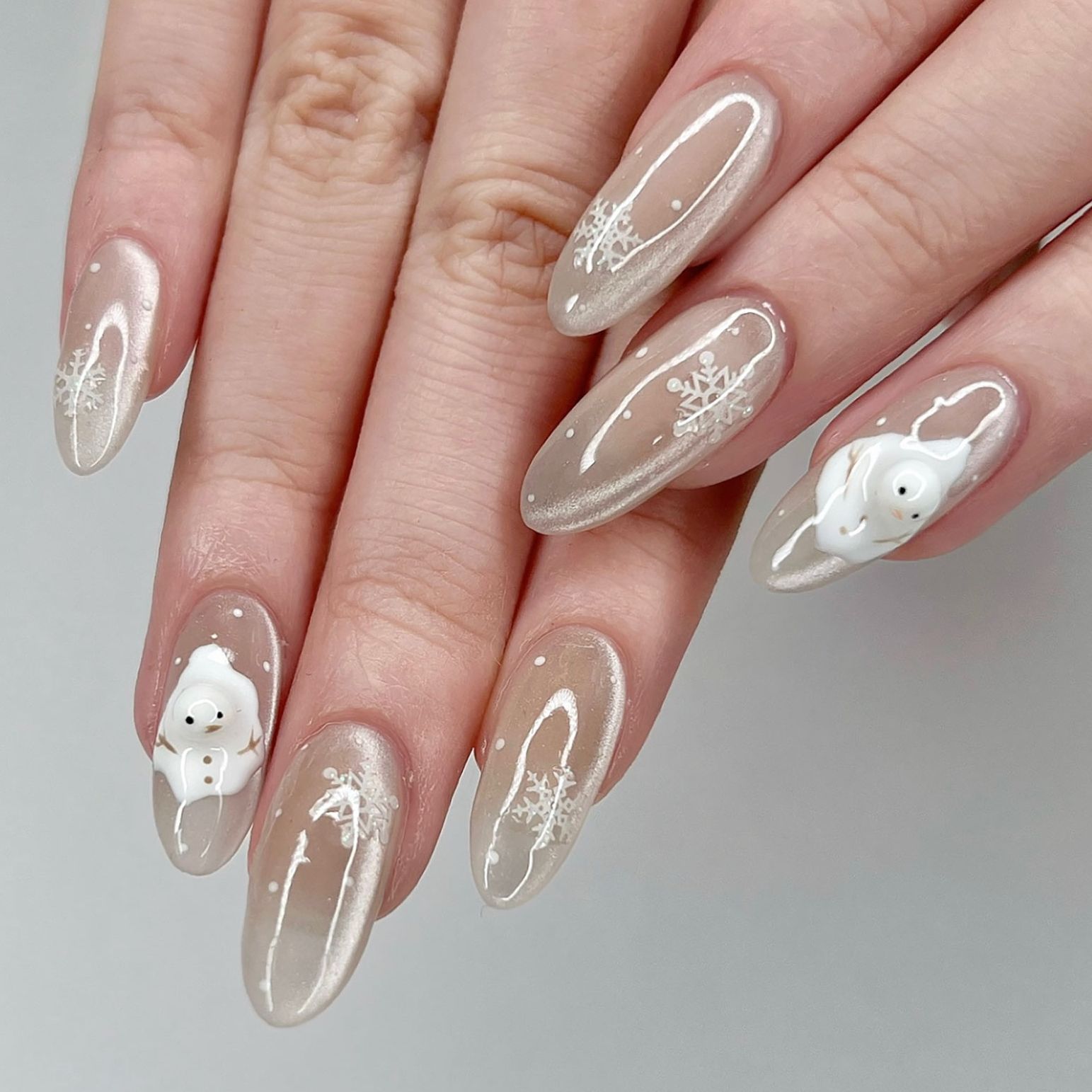 Nude with 3D Snowmen and Snowflakes Ovals — Winter Acrylic Nail Colors
