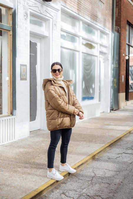 Tan Puffer with Turtleneck and Jeans Tan Puffer with Turtleneck and Jeans — Winter Puffer Jacket Outfits