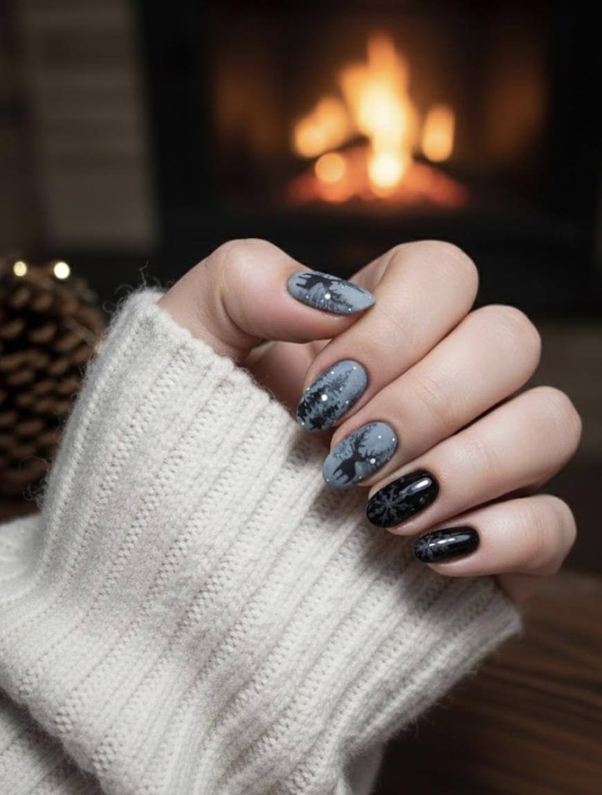 Medium Gray Winter Forest Scene Oval Nails Medium Gray Winter Forest Scene Oval Nails — Winter Gray Nails