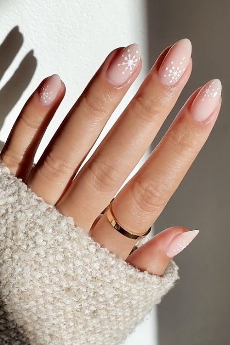 Delicate White Snowflake Motifs Visual Idea Delicate White Snowflake Motifs Visual Idea — Winter Nude Nails
