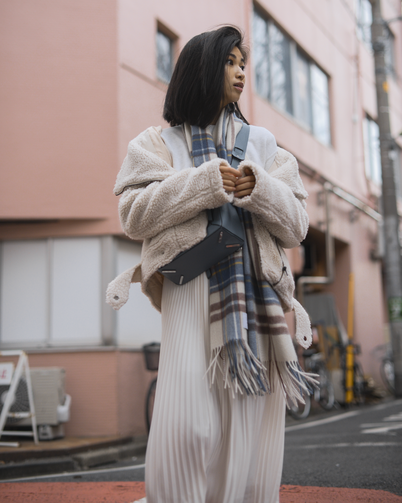 Plaid Scarf Completes Cozy Winter Look with Fuzzy Jacket — Scarf Outfits