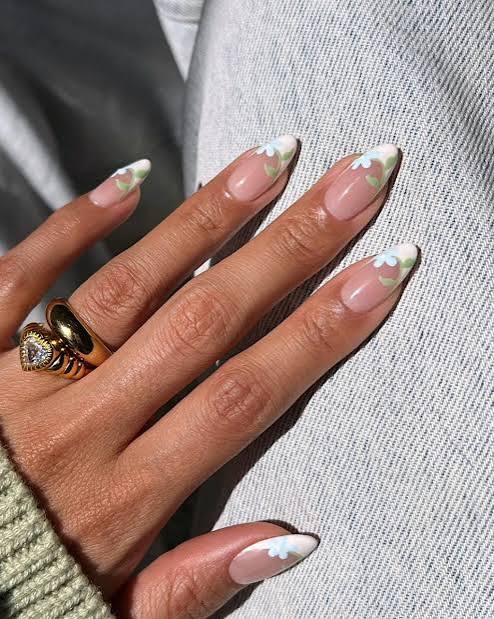 Medium Stiletto Floral French Tips Medium Stiletto Floral French Tips — Trendy Simple Nail Designs