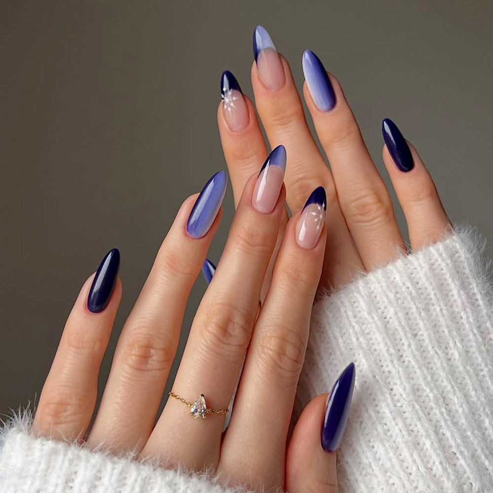 Blue Purple Ombre with Snowflake Accent — Winter Ombre Nails