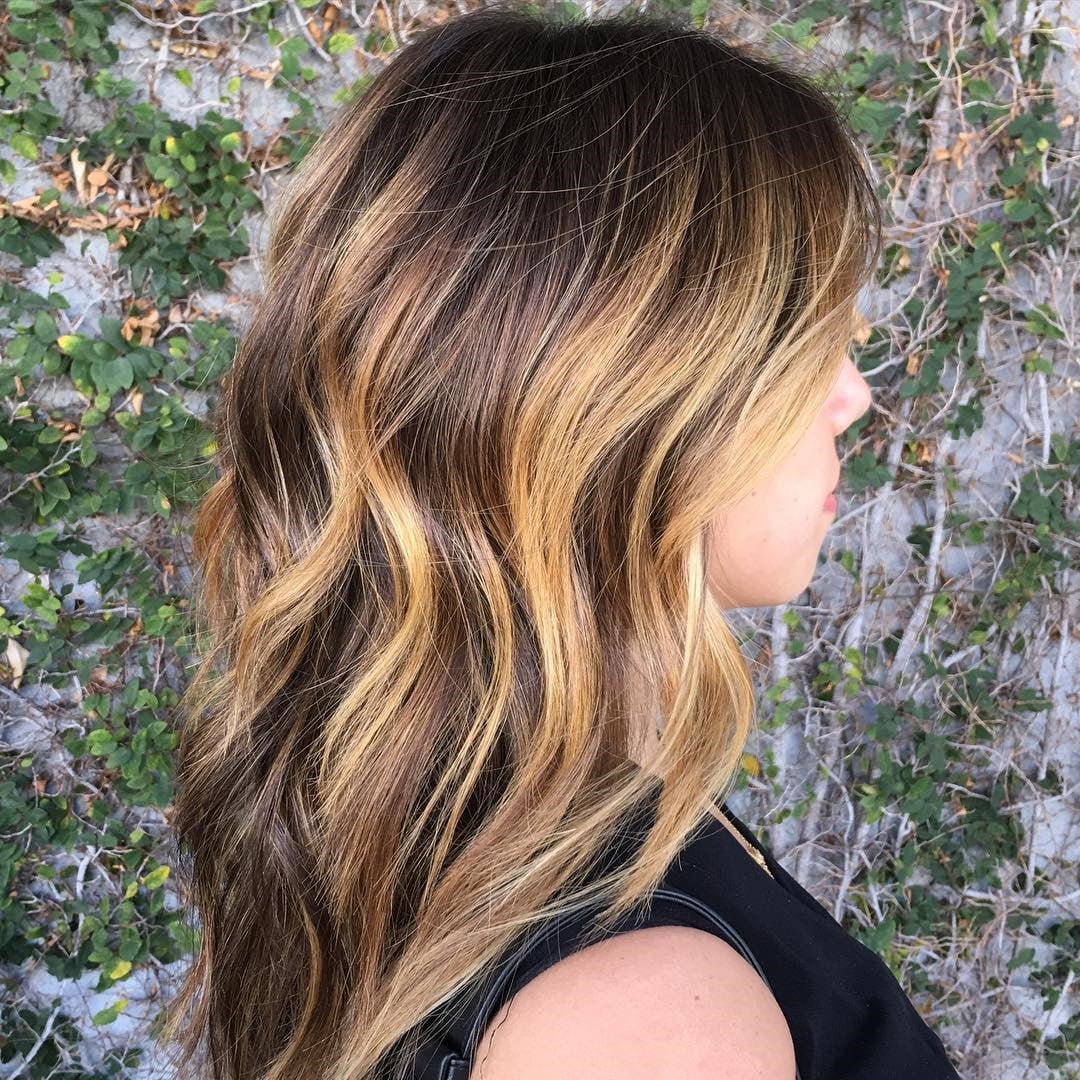 Long Layers Mid-Back Dark With Caramel Blonde Balayage Long Layers Mid-Back Dark With Caramel Blonde Balayage — Winter Balayage