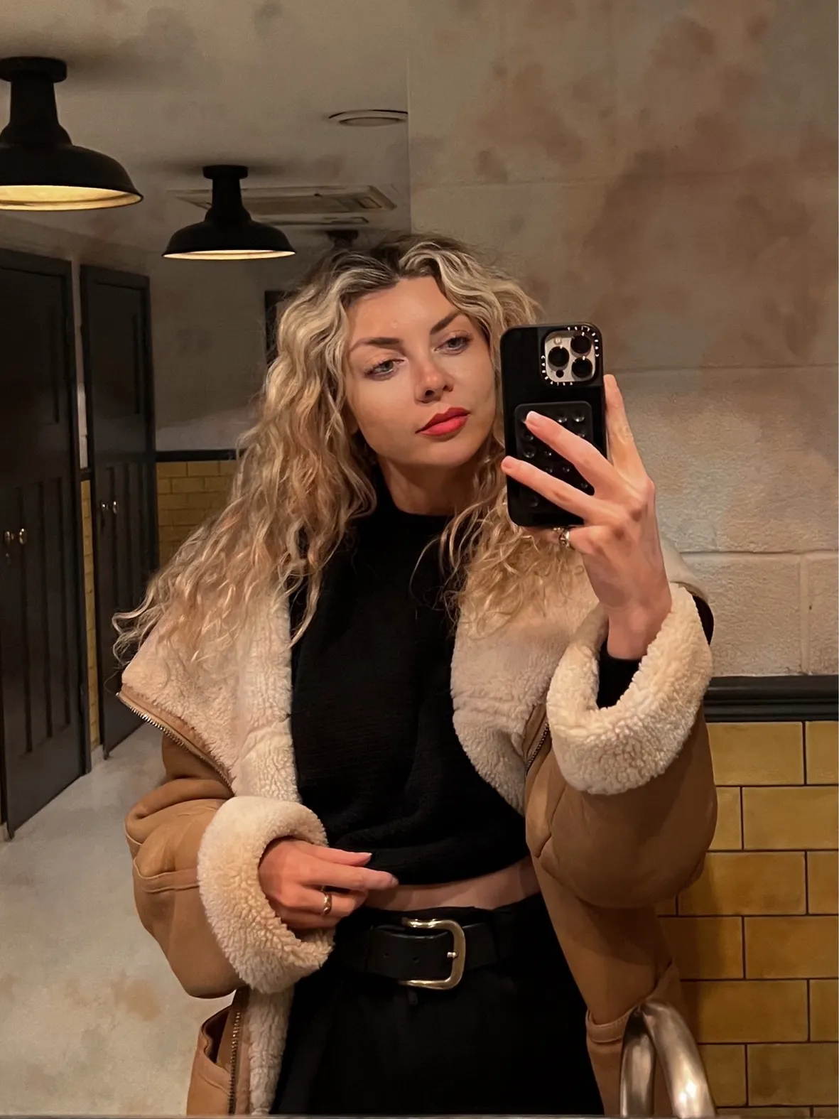Cream Shearling Jacket with Tan Suede Details — Shearling Coat Outfits