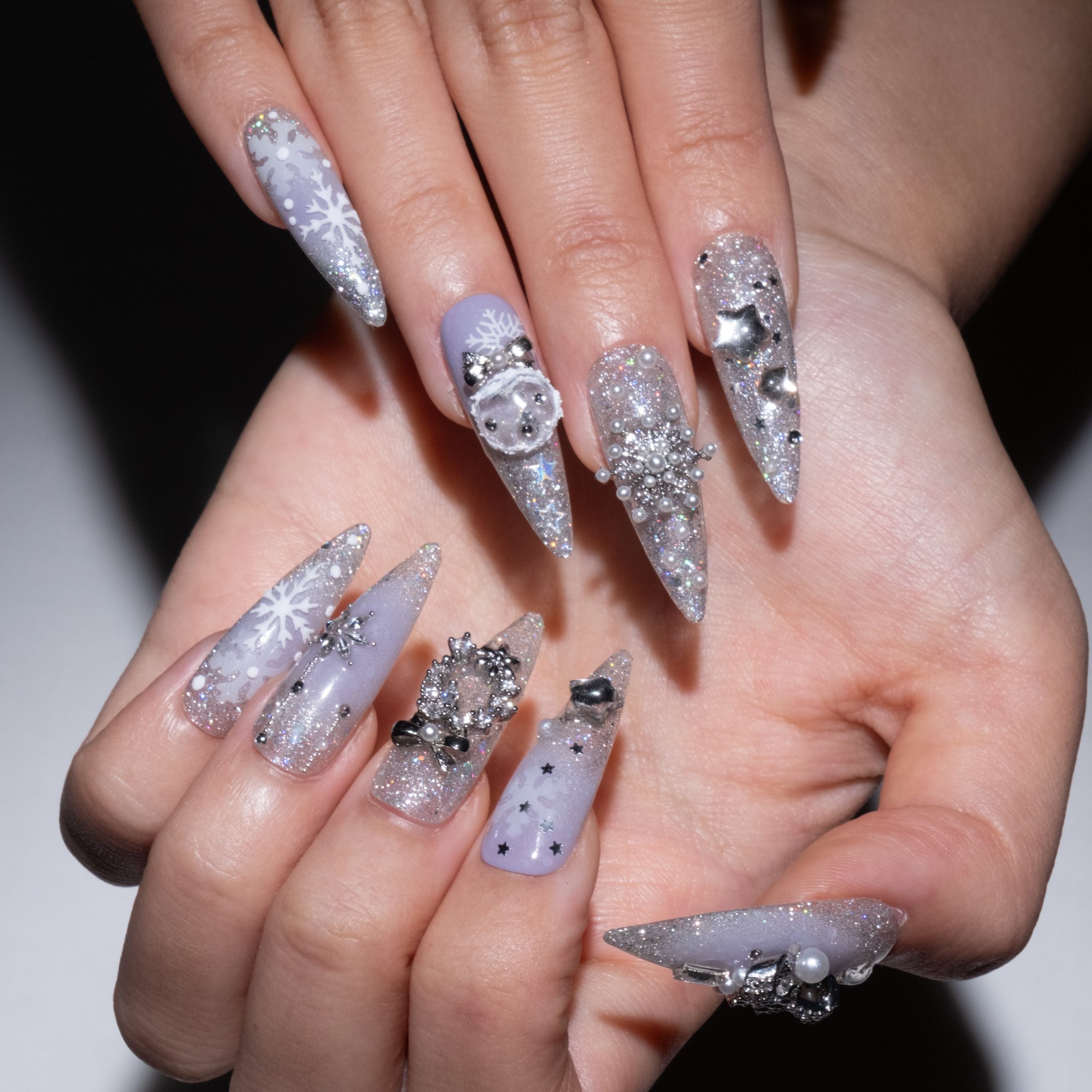 Glitter Glossy 3D Elements Visual Idea — Winter Stiletto Nails