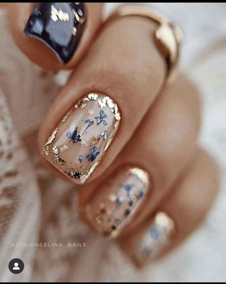 Embedded Blue Flowers Gold Foil Nails Embedded Blue Flowers Gold Foil Nails — Fall to Winter Nails
