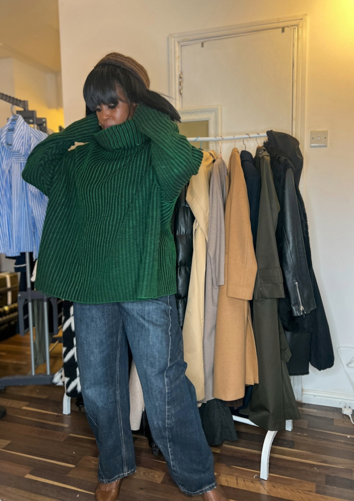 Cable Knit Turtleneck Statement: White Sweater with Black Coat — Comfy Winter Outfits