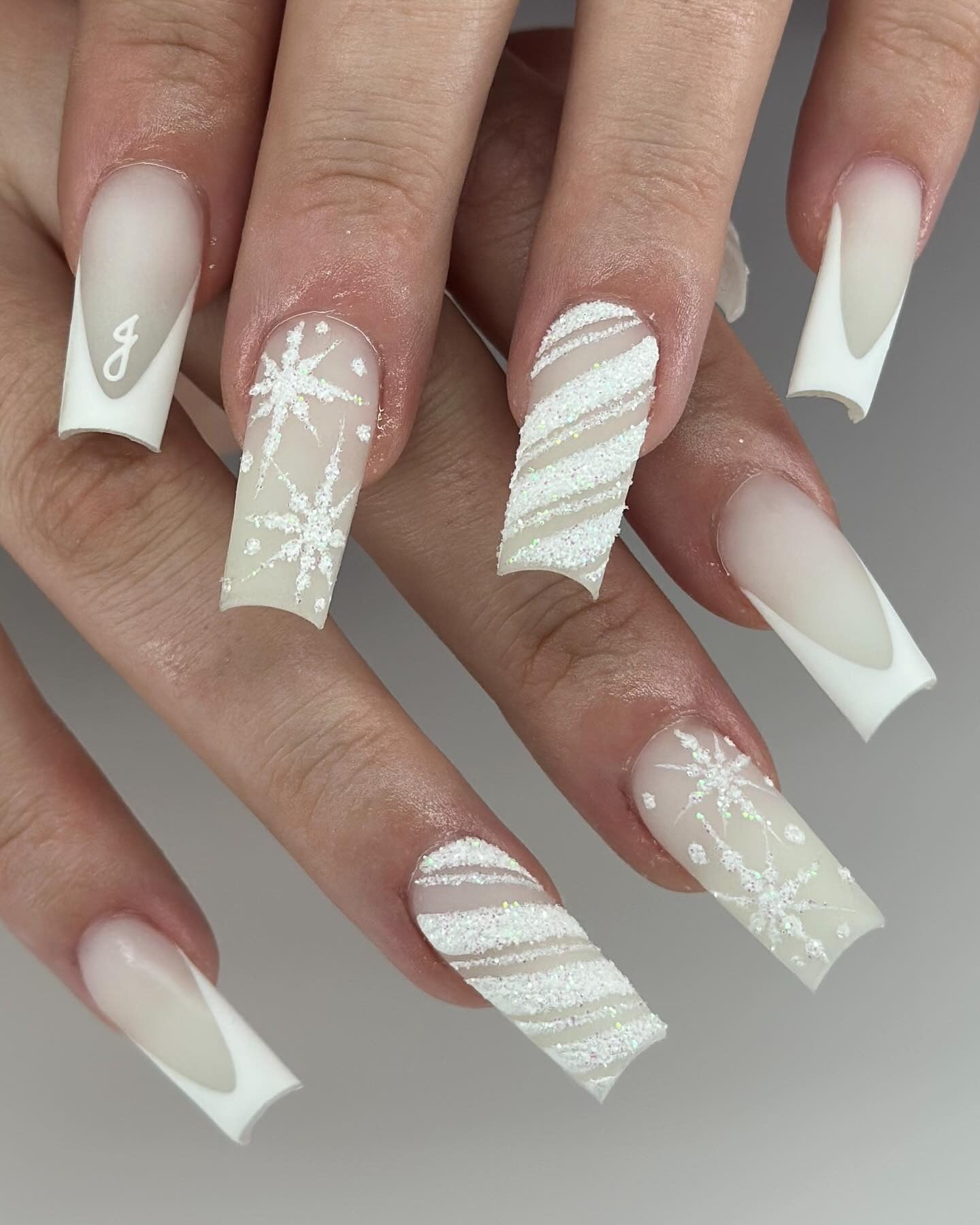 Long Sheer White Glitter Snowflake Stripe French Tip Coffin Nails Long Sheer White Glitter Snowflake Stripe French Tip Coffin Nails — Winter Coffin Nails