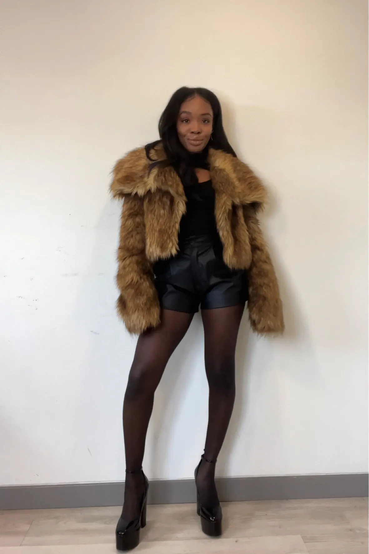 Tan Cropped Faux Fur Coat with Leather Shorts for a Night Out — Faux Fur Coat Outfits