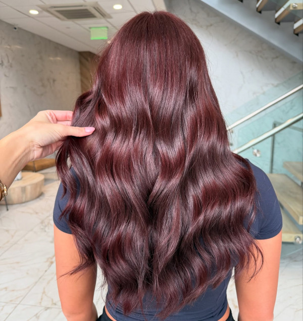 Uniform Burgundy On Long Wavy Hair Uniform Burgundy On Long Wavy Hair — Burgundy Hair Color