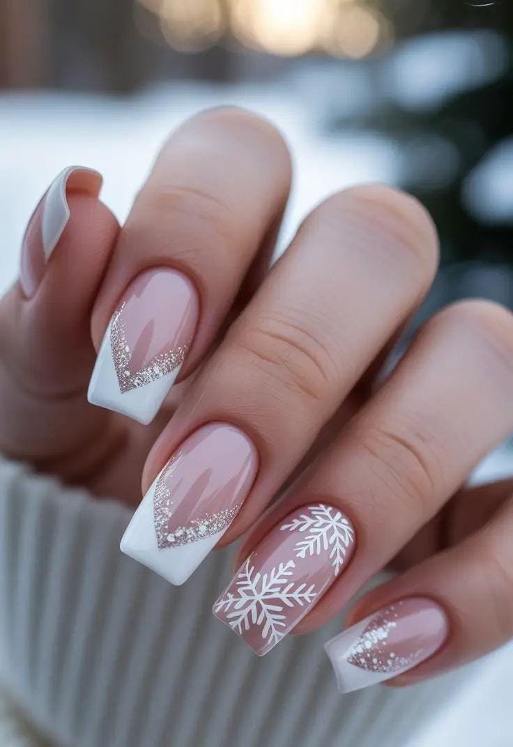 Glossy With Glitter Pink White French With Snowflake Glitter Glossy With Glitter Pink White French With Snowflake Glitter — Winter Square Nails