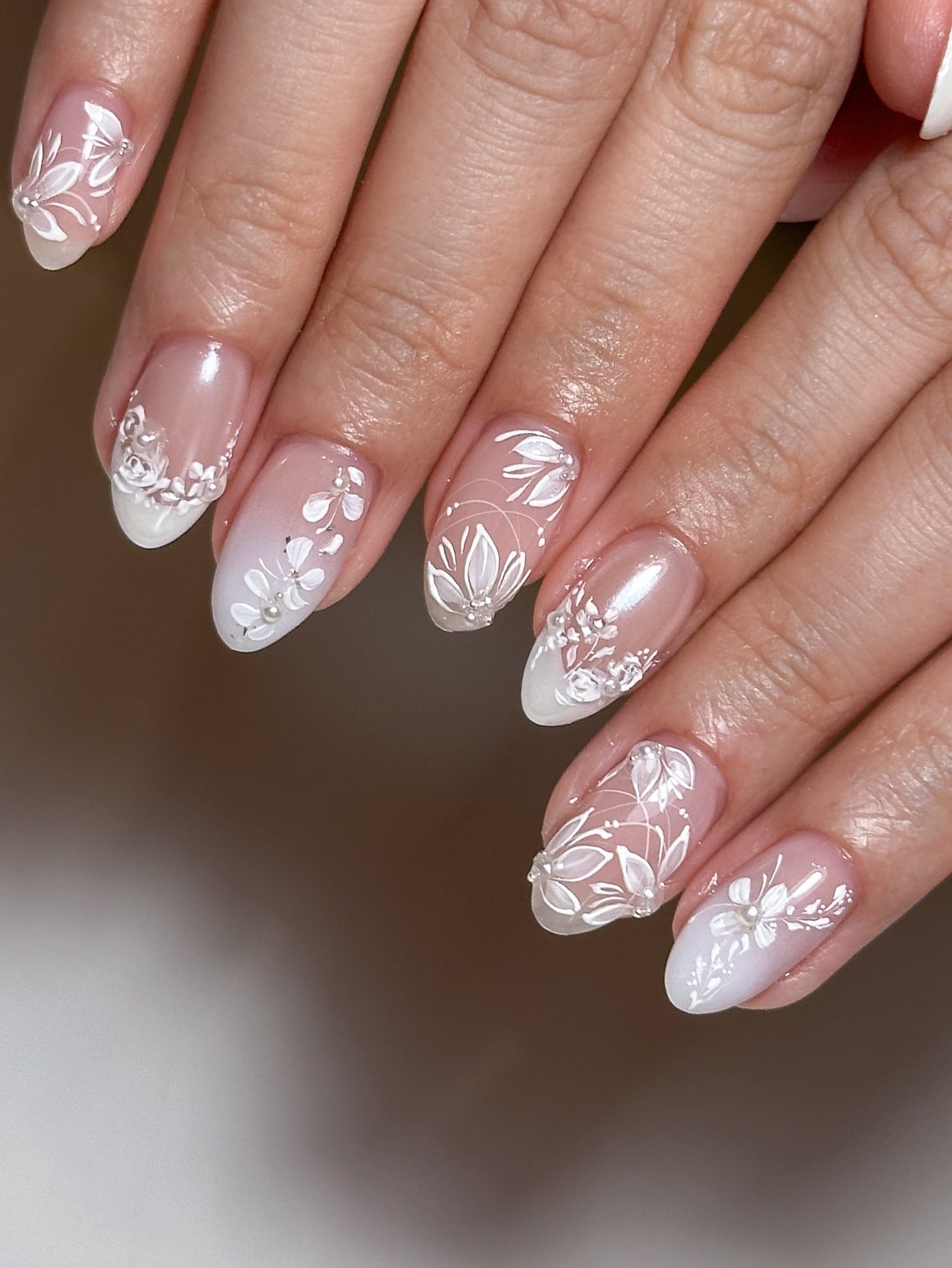 White Floral Vine Ombre Oval Nails — Winter Wedding Nails