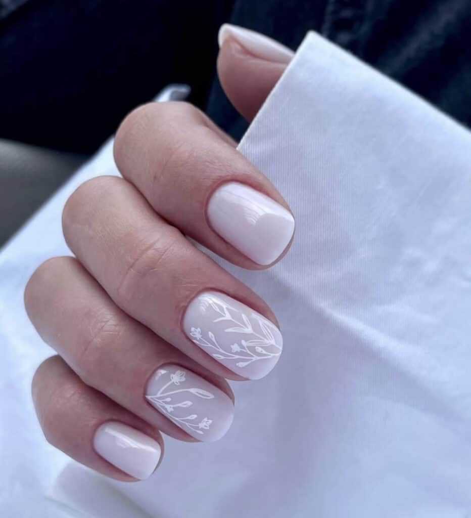 Milky White Square with Floral Art — Milky White Nails