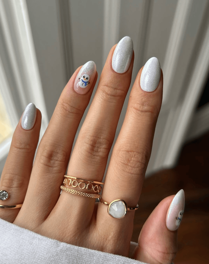 Glossy With Glitter Visual Idea — Winter Oval Nails