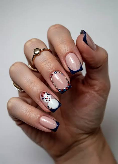 Nude French Tip Snowman Nails Nude French Tip Snowman Nails — Short Winter Nails