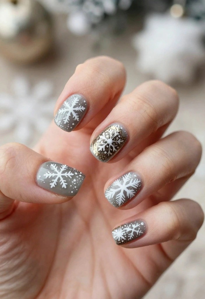 Grey White and Gold Foil Snowflakes Grey White and Gold Foil Snowflakes — Snowflake Nails