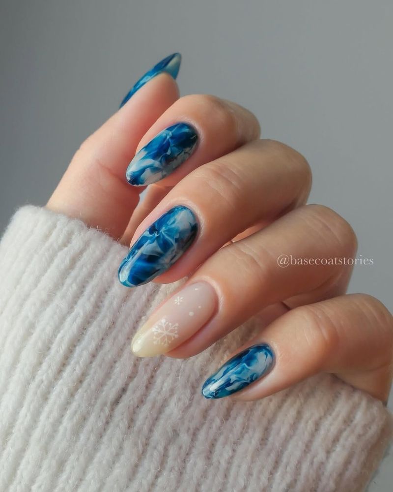 Deep Blue Marble with Snowflake Accent — Winter Marble Nails