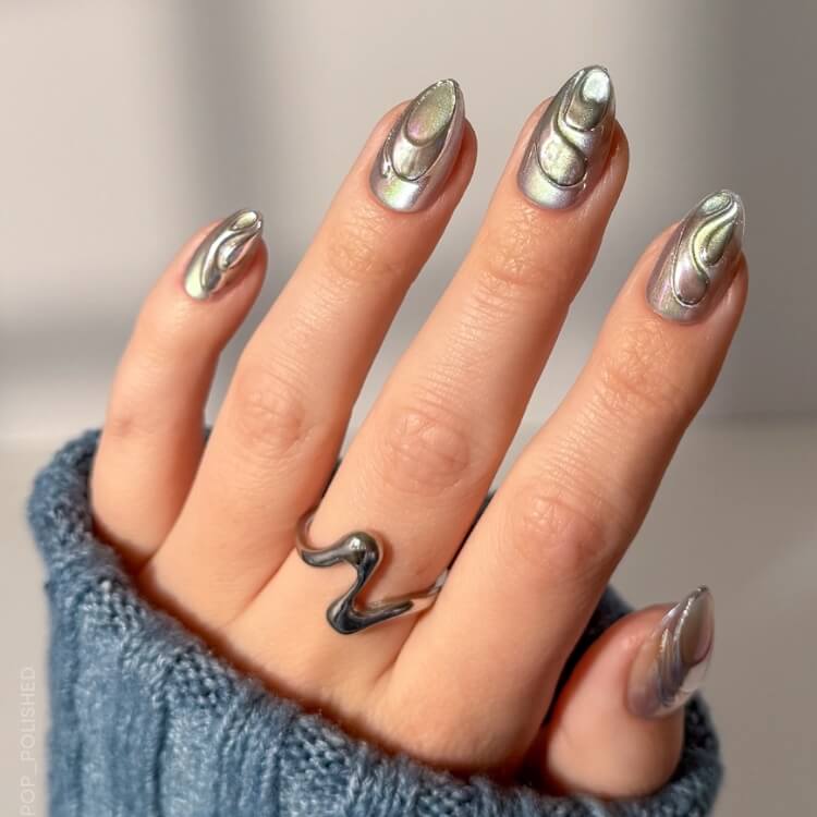 Abstract Wavy Lines On All Nails Visual Idea — Silver Chrome Nails