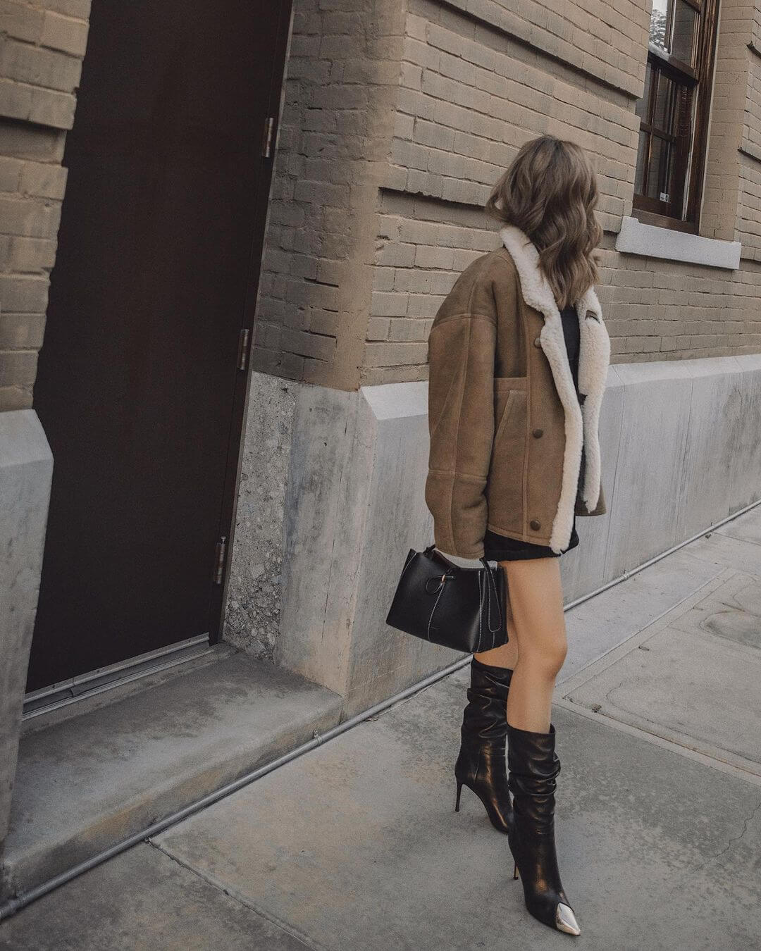 Three-Quarter Black Leather Slouchy Boots with Shearling Jacket — Slouchy Boots Outfits